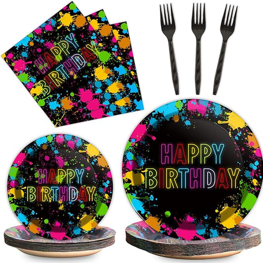 chiazllta 96 Pcs Neon Party Paper Plate and Napkins Neon Birthday Party Decorations Glow in the Dark Birthday Paper Supplies Disposable Glow Tableware for Party Favors 24 Guests