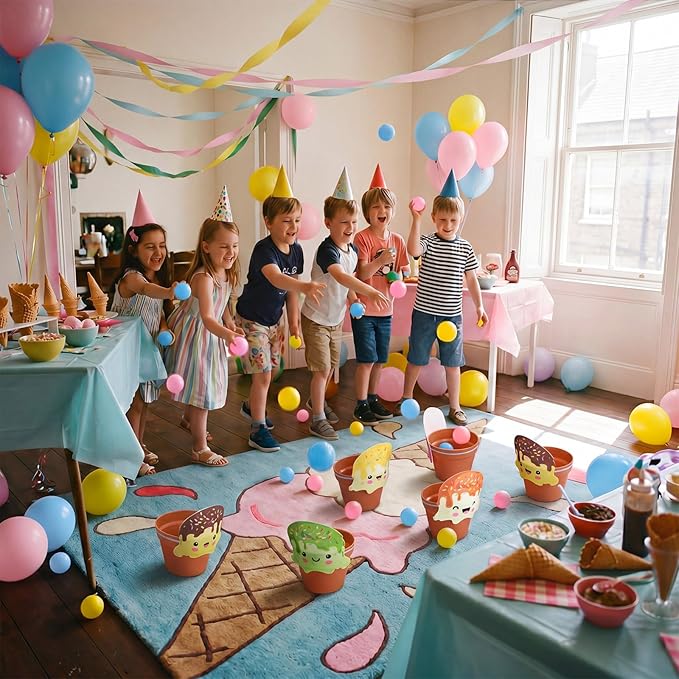 Ice Cream Toss Ball Game with 6 Plastic Flower Pots 12 Ice Cream Decor 12 Balls Toss Play Set Icecream Games Indoor Outdoor Games Family Summer Activities Carnival Prizes