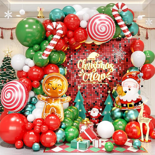 Christmas Balloon Garland Arch Kit, Christmas Balloon Arch with Metallic Green Red White Latex Balloons Snowflake Santa Foil Balloons Candy Cane for Xmas New Year Party Decoration