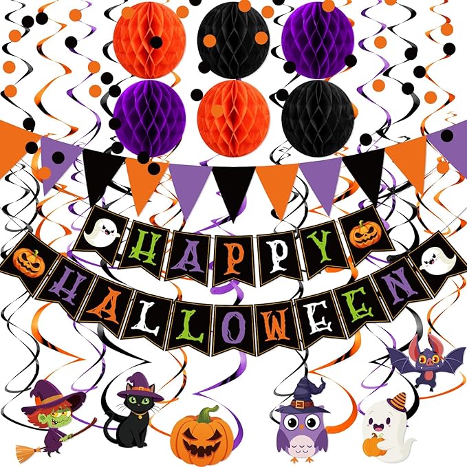 Clabby Halloween Party Decorations Kit Happy Halloween Banner Hanging Swirls Cutouts Triangle Flag Bunting Circle Confetti Dots Garland Black Orange Purple 3D Honeycomb Ball for Birthday Baby Shower