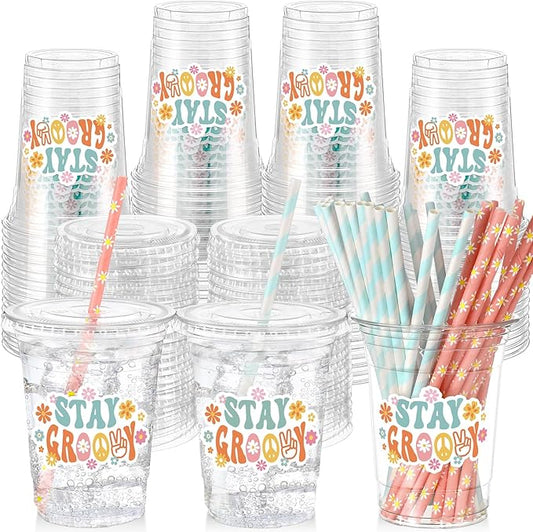Yungyan 50 Sets Groovy Theme Party Disposable Plastic Cups with Lids and Straws 16 oz Daisy Flower Juice Boho Retro Hippie Clear Drinking Cups for Birthday Baby Shower Party Favors Supplies Decoration