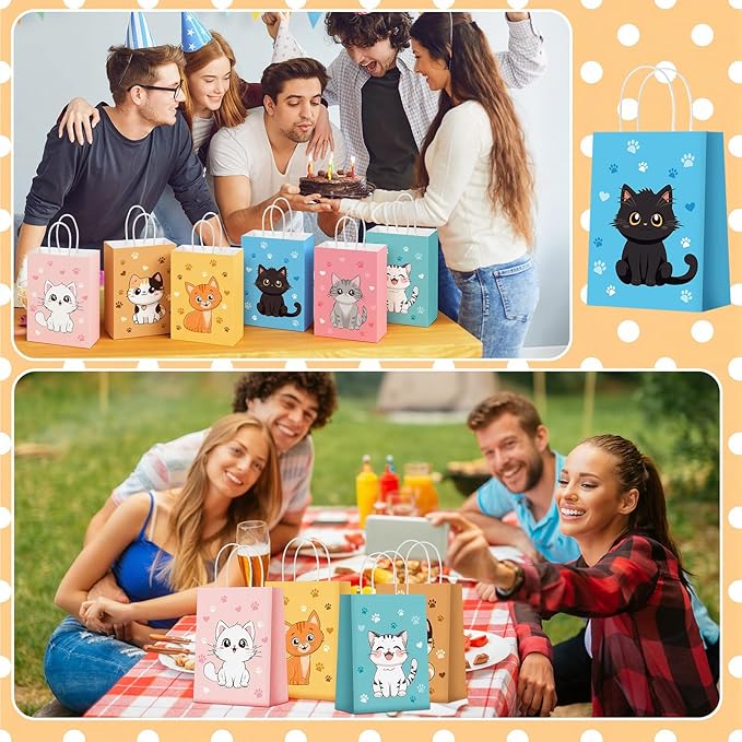 Zhanmai 48 Pcs Cat Birthday Party Favors Bags Bulk for Goodie Gifts Cute Kitty Candy Treat Paper Bags with Handles for Kitten Birthday Party Decoration Supplies Pet Adoption