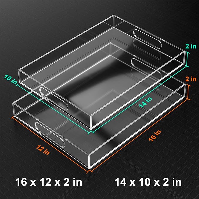 Serving Tray 12x16 Inch Decorative Serving Trays with Handles Clear Acrylic Serving Platter for Appetizers, Breakfast, Snacks – Perfect for Parties, Events, and Home Use, 2 Pack