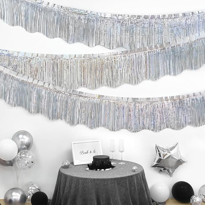 LOLStar 6 Pack Silver Foil Fringe Garland Party Decorations, 59Ft Tinsel Streamers Shiny Silver Wall Hanging Tinsel Fringe Banners for Wedding Birthday Anniversary Christmas New Year Party Decor
