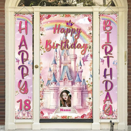 Custom Photo Birthday Banner Set Personalized Door Banners Polyster Backdrop Party Decorations Supplies Background for Birthday Newborn Baby Shower Celebration(Castle)