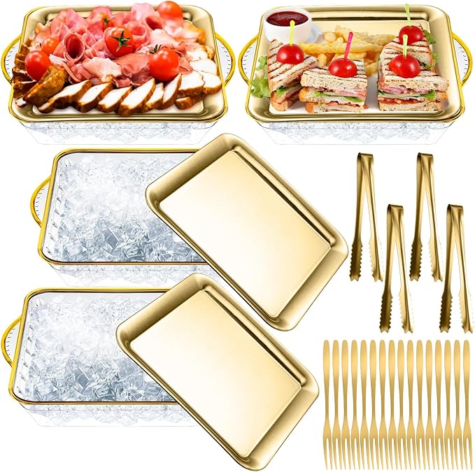 Baderke 4 Set 9" Chilled Serving Tray for Parties with Compartments Ice Chilled Party Platter Charcuterie Serving Board Cold Dish Dip with Forks Tongs for Fruit Seafood Vegetable Appetizer(Gold)
