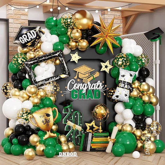 141Pcs Green Gold Black Graduation Balloon Garland Arch Kit,with Explosion Star,Diploma,Trophy,Grad Hat,Photo Frame Foil Balloon for Congrats Class of 2026 Graduates Celebration Party Decoration