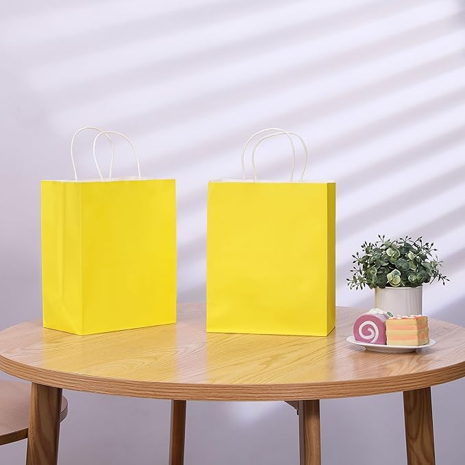 SUNCOLOR 25 Pack Yellow Gift Bags with Handles – 8x4.5x10 Medium Bags for Shopping, Retail, DIY, Wedding, Party Favors & Special Occasions