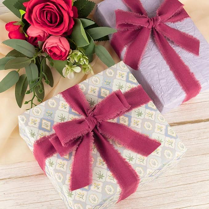 Burgundy Cotton Ribbon 1 Inch Burgundy 3 Rolls 21 Yards Frayed Edge Fabric Set for Wedding Decor, Bridal Bouquet Wrap, Anniversary Celebration, Gift Wrapping & Christmas Decor