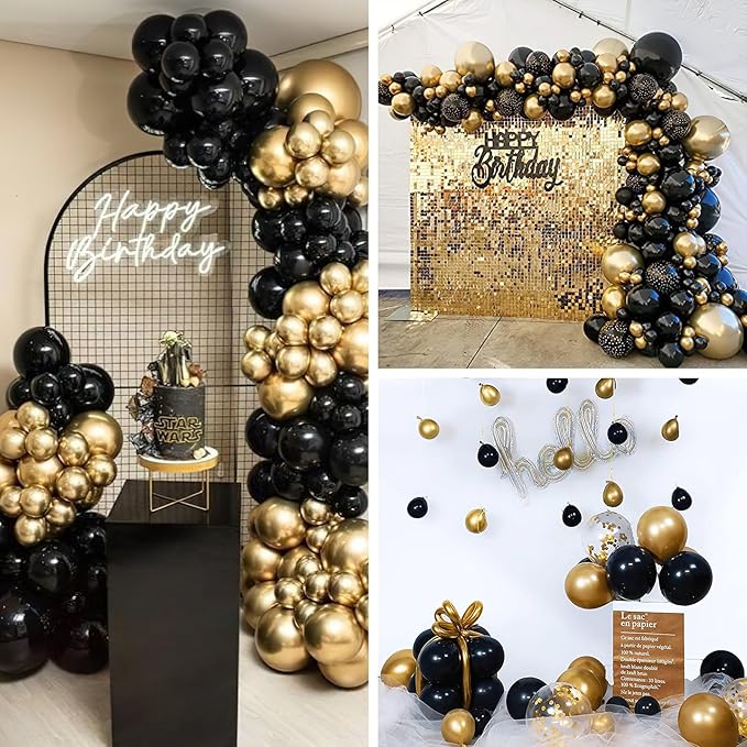 PartyWoo Black and Gold Balloons 66pcs 12 Inch Matte Black Metallic Chrome Gold Balloons for Graduation Baby Shower Birthday New Year's Eve Anniversary Bachelorette Retirement Party Decorations