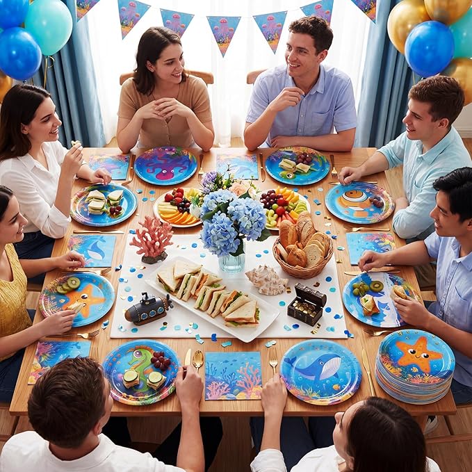 80 Pcs Under The Sea Party Decorations Ocean Birthday Paper Plates 7'' Underwater Creature Disposable Dessert Plate Dinnerware for Sea Life Animal Picnic Wedding Bridal Shower Tea Party Favor