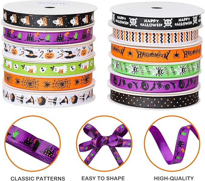 Ribest Halloween Ribbon Grosgrain 3/8 Inch Thin Ribbons for Crafts Gift Wrapping Decor 12 Rolls Total 60 Yards