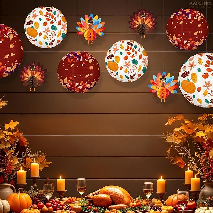 KatchOn, Thanksgiving Hanging Decorations - Huge Pack of 10 | Paper Lanterns and Turkey Decorations | Hanging Thanksgiving Decorations | Friendsgiving Party Decorations, Fall Decor, Harvest Decoration