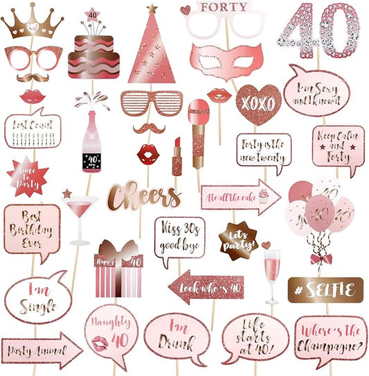 38 Pcs 40th Birthday Photo Booth Props for Women,Pink Happy 40th Bday Photo Props Decor,Pink Rose Gold Birthday Selfie Props Kit with Sticks, Party Supplies Favors