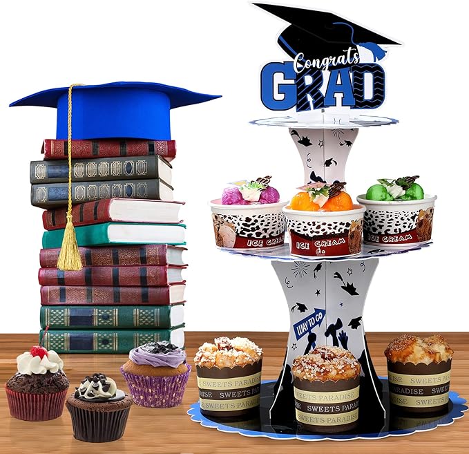 Nuenen 2 Pcs Graduation Cupcake Stand 3 Tier Black Graduation Cupcake Holder Class of 2026 Congrats Grad Cake Holder Dessert Tower for Grad Party Decorations Supplies Favors(Blue)