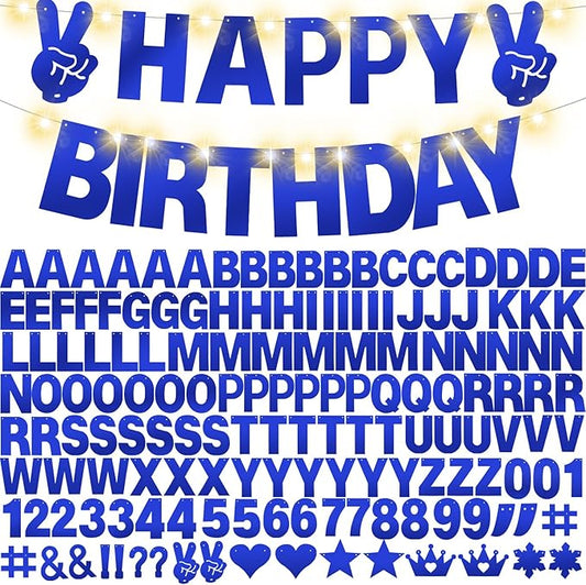 167Pcs DIY Glitter Customizable Banner Kit Happy Birthday Letter Hanukkah Custom Banners Happy New Year Personalized Banner for Christmas Baby Shower Birthday Party Decoration (Shiny Sapphire blue)