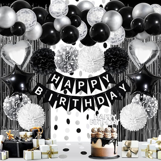 ZERODECO Black White Birthday Party Decorations, Happy Birthday Banner Pompoms White Black Balloon Arch Fringe Curtain Party Décor for Men Women Black and White Party