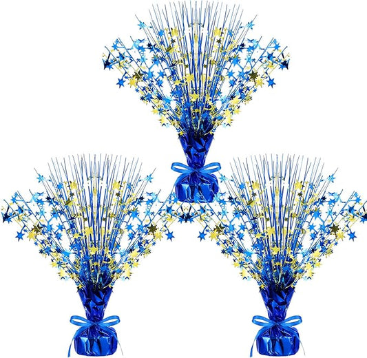 Crowye 3 Pieces Metallic Foil Spray Centerpiece Birthday Table Decoration Star Burst Centerpieces Graduation Table Decor for Birthday 2026 Party Holiday(Blue Gold)