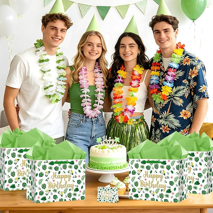Yomaiha Tropical Hawaiian Birthday Gift Bag with Tissue Paper and Greeting Card, Summer Palm Leaves Happy Birthday Wrapping Paper Bag for Men Women Boys Girls Luau Party Decorations Supplies