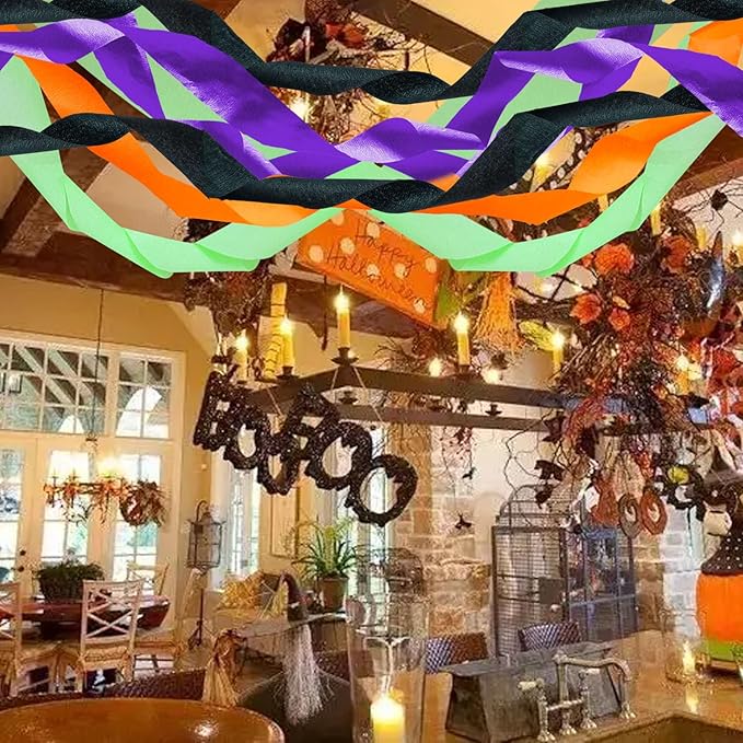 PheiLa Halloween Party Supplies, 4 Rolls Orange Black Purple Green Crepe Paper Streamers for Halloween DIY, Home Party Backdrop Decorations, 1.77 Inch x 82 Ft/Roll, 328ft