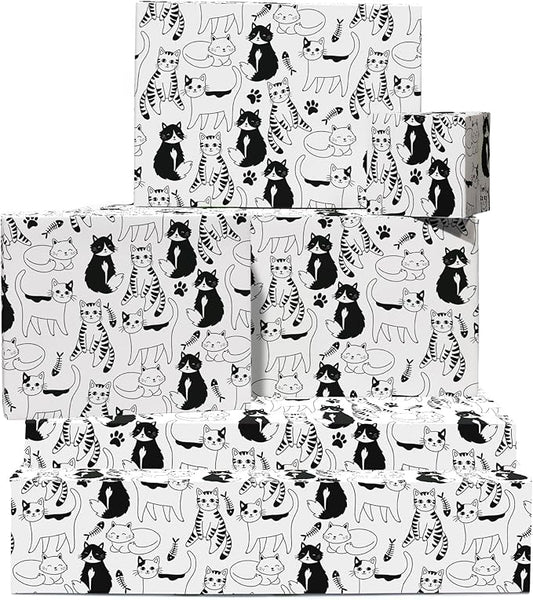 CENTRAL 23 Cat Wrapping Paper - Cats, Doodles, Black And White - 6 Sheets of Giftwrap for Pet Lovers Girls Boys Women Men - All Occasion Birthday - Comes With Stickers