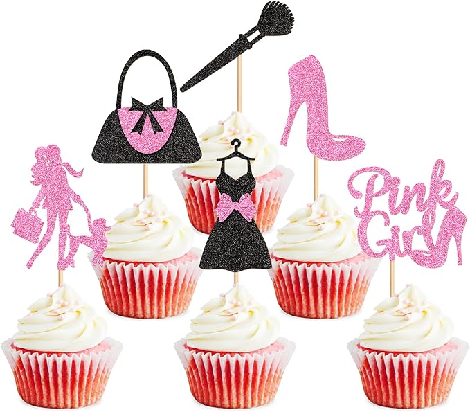Ercadio 24Pcs Shopping Cupcake Toppers Pink Girl Cupcake Picks Handbag High Heels Dress Food Picks for Fashion Girl Women Birthday Bridal Bachelorette Shopping Party Decorations Supplies