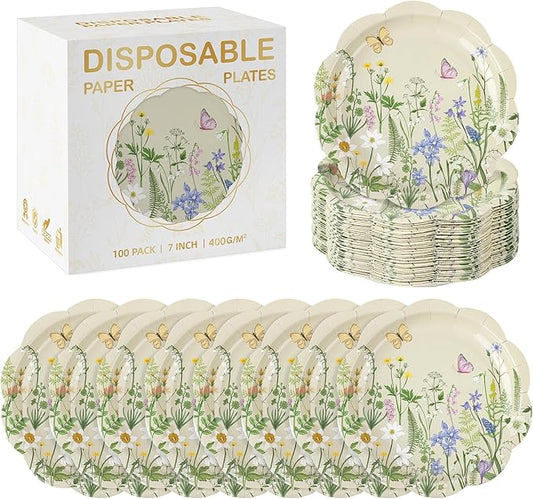 Kochorie 100 PCS Wildflower Scalloped Party Plates, 7 Inch Disposable Floral Paper Plates, Vintage Flower Paper Plate, Floral Dessert Plate Bulk for Birthday Bridal Baby Shower Wedding Party Supplies