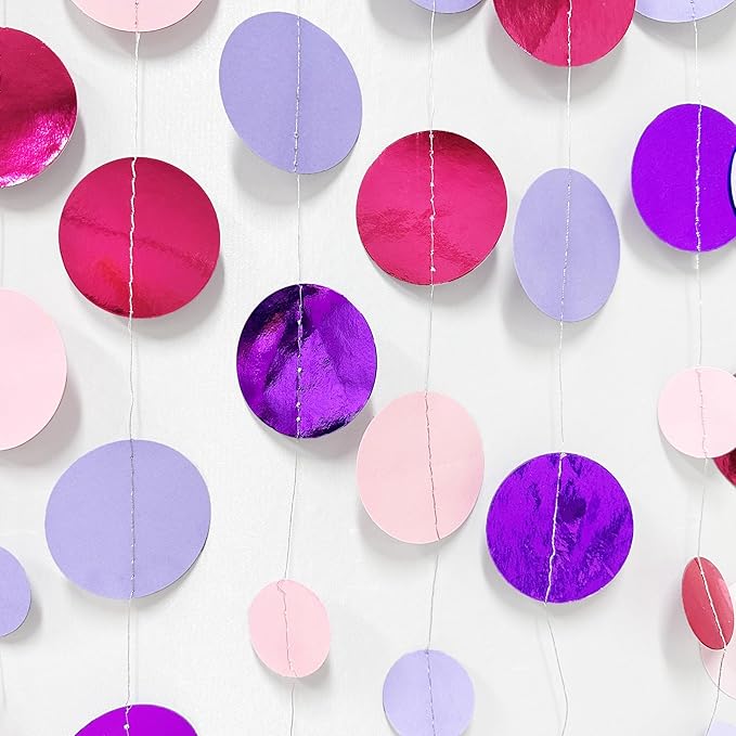 Pink and Purple Party Decorations Circle Dots Garland Hot Pink Lavender Hanging Polka Dot Streamer for Girls Birthday Baby Shower Bridal Shower Wedding Bachelorette Anniversary Party Supplies