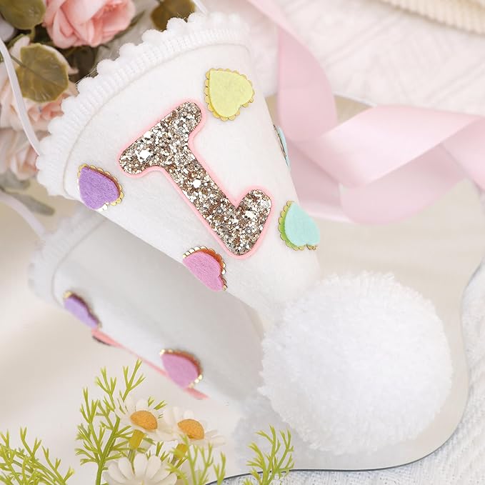 Sweet One Birthday Cone Hat - Colorful Heart 1st Party Decorations, Candy Hearts Party Crown, Cake Smash Photo Prop.