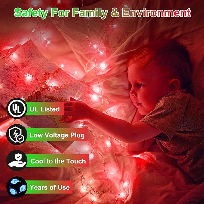 2 Pack Total 200FT 600 LED Christmas String Lights, Fairy Tree Lights Indoor Outdoor Connectable, 8 Modes & Timer LED String Lights for Bedroom, Home, Tree, Yard, Door, Wedding, Xmas Decore (Red)