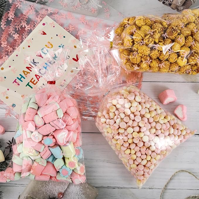 Docvania Cello Cellophane Treat Bags Pink Bow Candy Bags 100 pcs 6 X 11 Goodie Gift Bag with Twist Ties for Baby Shower,Valentine's Day Birthday Parties and Weddings