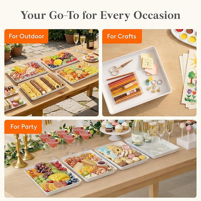 Lifewit Large Plastic Serving Trays, 14.5" x 9.5" Reusable Food Serving Platters, White Catering Trays for Parties, Buffet, Snacks, Fruit, Appetizers & Charcuterie, BPA-Free, Set of 4
