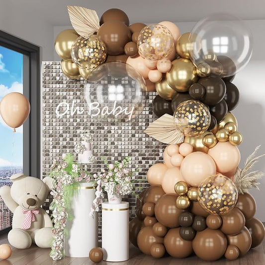 HILAVO Brown Balloon Arch Kit 18 in Clear Balloons Shades of Brown Cream Dark Coffee Nude Beige Champagne Gold Confetti Balloons for Thanksgiving Fall Boho Cow Rodeo Baby Shower Birthday Party Decor