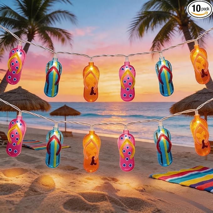 8.5FT Flip Flop String Lights 10 LED Colorful Slipper Lights – Tropical Beach Party Decorations, Waterproof Connectable Outdoor Plug in Fairy Lights for Patio Camping Luau Holiday Decor, UL Listed