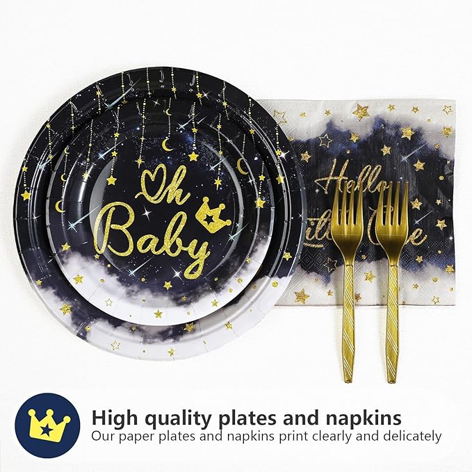 96Pcs Twinkle Twinkle Little Star Party Decoration Star Moon Baby Shower Plates and Napkins Navy Blue Gender Reveal Tableware Set for Boys Girls Baby Shower Celestial Birthday Party Supplies Serves 24