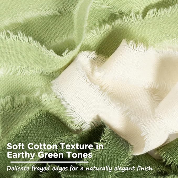 Green Cotton Ribbon 5/8 Inch Sage, Moss & Ivory 3 Rolls 21 Yards Frayed Edge Fabric Set for Boho Rustic Wedding Invitations, Bridal Bouquets, Gift Wrapping, DIY Crafts, Spring Home Decor
