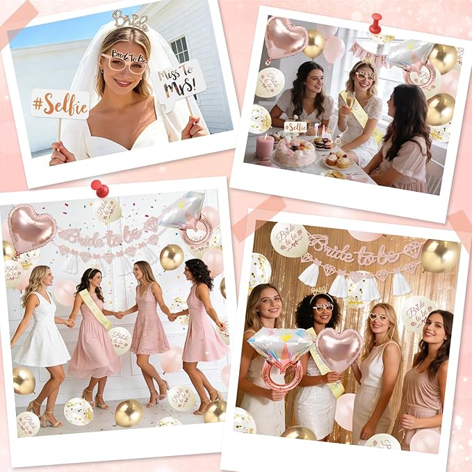 Bachelorette Party Decorations, Bride To Be Decorations, Bridal Shower Decorations with Bride to Be Banner, Bridal Sash, Fringe Curtain, Bride Glasses for Pink Bachelorette Party Decorations