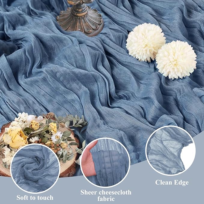 Asee'm Cheesecloth Table Runner 120 Inches Dusty Blue Boho Gauze Cheese Cloth Runner 10FT Rustic Sheer Dining Table Runners for Fall Thanksgiving Wedding Baby Shower Decoration
