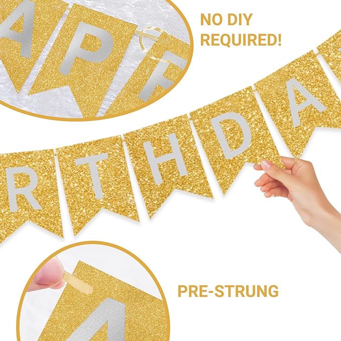 Gold Happy Birthday Banner - 16 ft Pre-Strung Gold Birthday Party Decorations Sign for Girls, Boys, Kids, Women - No DIY Hanging Backdrop for Indoor & Outdoor Celebrations