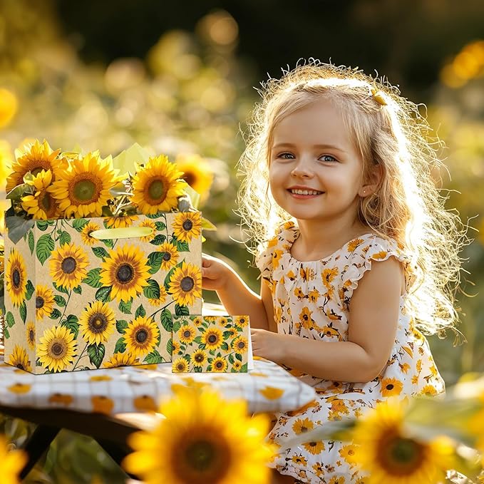 Large Sunflower Gift Bag with Tissue Paper and Greeting Card Yellow Sunflower Party Favor Bags Decorations Floral Sunflower Treat Candy Paper Bag Sunflower Wrapping Paper for Wedding Birthday Gift