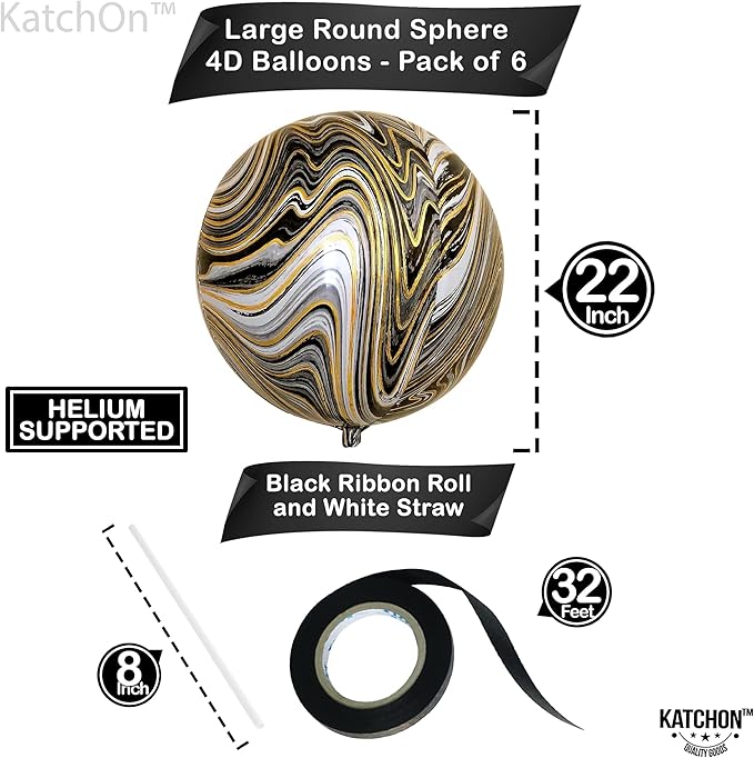KatchOn, Big Marble Balloons - 22 Inch, Pack of 6 | Round 4D Marble Black and Gold Balloons for Graduation Decorations 2026 | Mylar Balloons For Birthday, Baby Showers