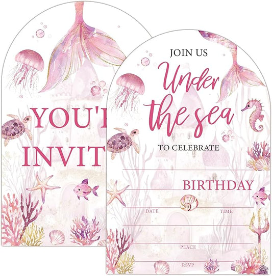 Under The Sea Birthday Party Invitations, Ocean Animals Mermaid Birthday Invitations for Girls, 20 Invitation Cards with Envelopes, Under the Sea Party Decorations 4x6 Inch