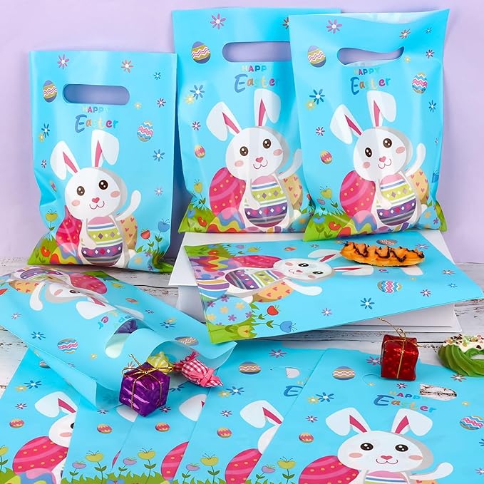 Hxezoc 50 Pieces Happy Easter Gift Bags with Handles Plastic Cute Bunny Goodie Bags Practical Gift Bags Spring Party Favors for Easter Day Egg Hunt Party Birthday Party Decoration Supplies