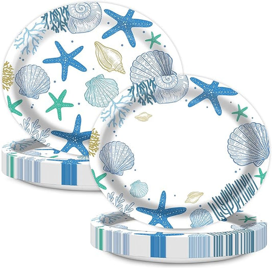 Ocean Seashell Oval Paper Plates 10’’ x 12’’,Large Disposable Heavy Duty Under the Sea Beach Paper Plates for Birthday Wedding Bridal Baby Shower Summer Party Supplies,50 Guest