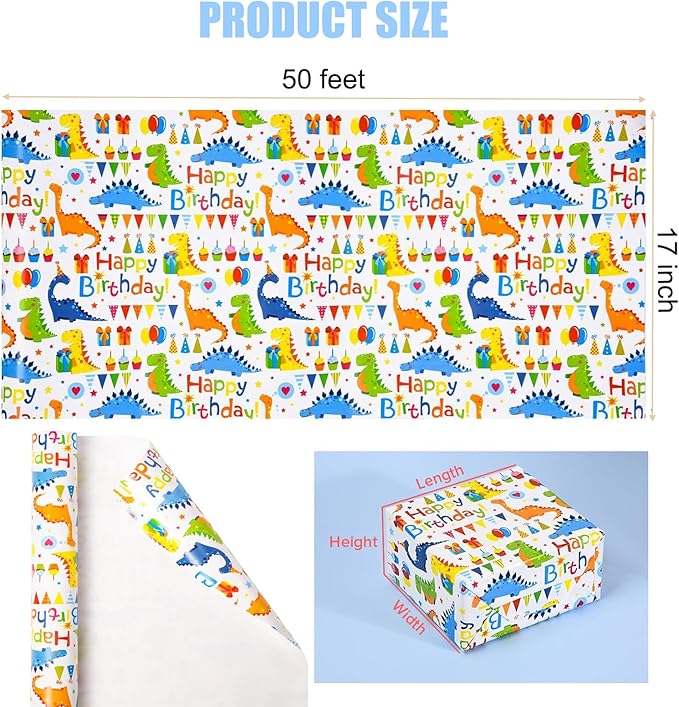 Viadom Birthday Wrapping Paper,Gift Wrapping Paper Roll,Dinosaur Wrapping Paper-17 inch X 50 Feet Per roll,Colorful Happy Birthday Pattern For Boys Girls, Perfect For Birthdays Party, Baby Shower