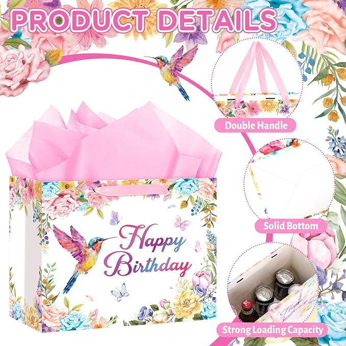 Hummingbird Birthday Gift Bag with Wrapping Paper and Greeting Card Floral Hummingbird Party Supplies Happy Birthday Classroom Party Wrapping Paper Bag for Women Girls Flower Bird Party Decorations