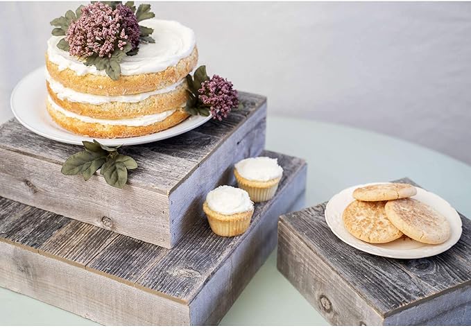 BARNWOODUSA Wood Cake Stand Set of 3 Natural Weathered Gray Rustic Wooden Wedding Dessert Stand Vintage Sturdy 100% Reclaimed Wood