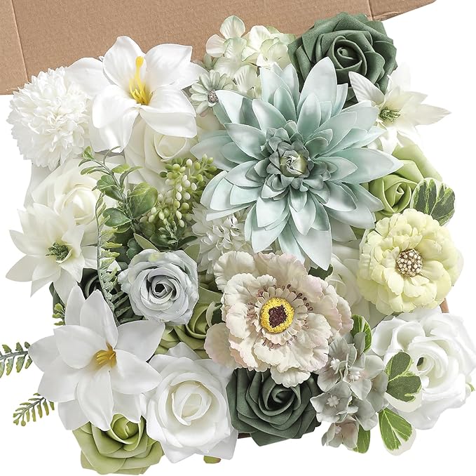 Artificial Flowers Combo Forest Green Silk Fake Flower for DIY Wedding Bridal Bouquets Floral Arrangement Birthday Cake for Table Centerpieces Baby Shower Anniversary Party Home Decor