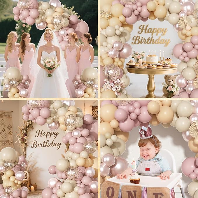Ouddy Party Boho Dusty Pink Balloons Garland Arch Kit, Different Sizes 18 12 10 5 Inch Pastel Pink Sand White Pearl Latex Confetti Balloon for Baby Bridal Shower Birthday Women Girls Party Decorations