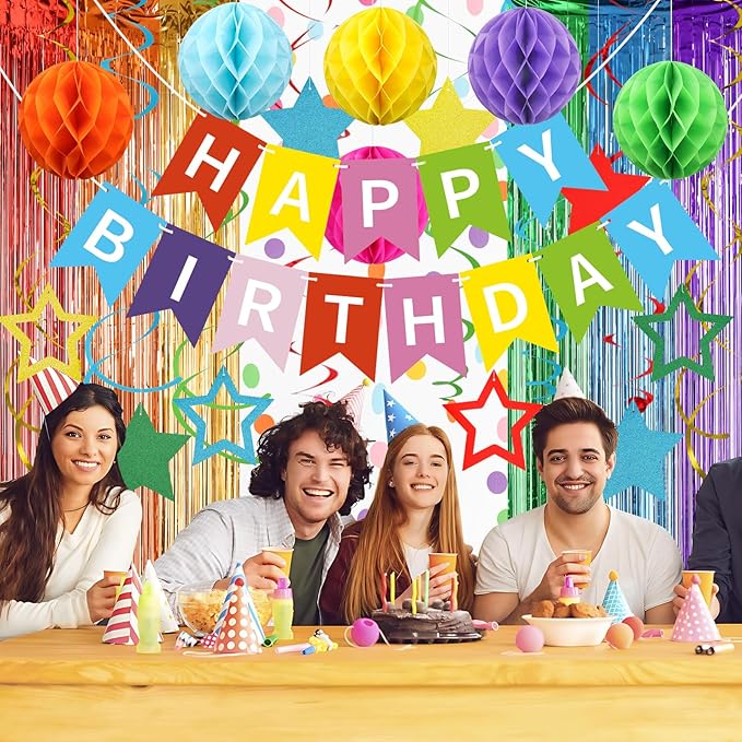 ZERODECO Birthday Decorations, Happy Birthday Banner with Paper Honeycomb, Star Hanging Swirl, Fringe Curtain, Garland, Party Decorations for Women Men Boys Girls (Multicolored)